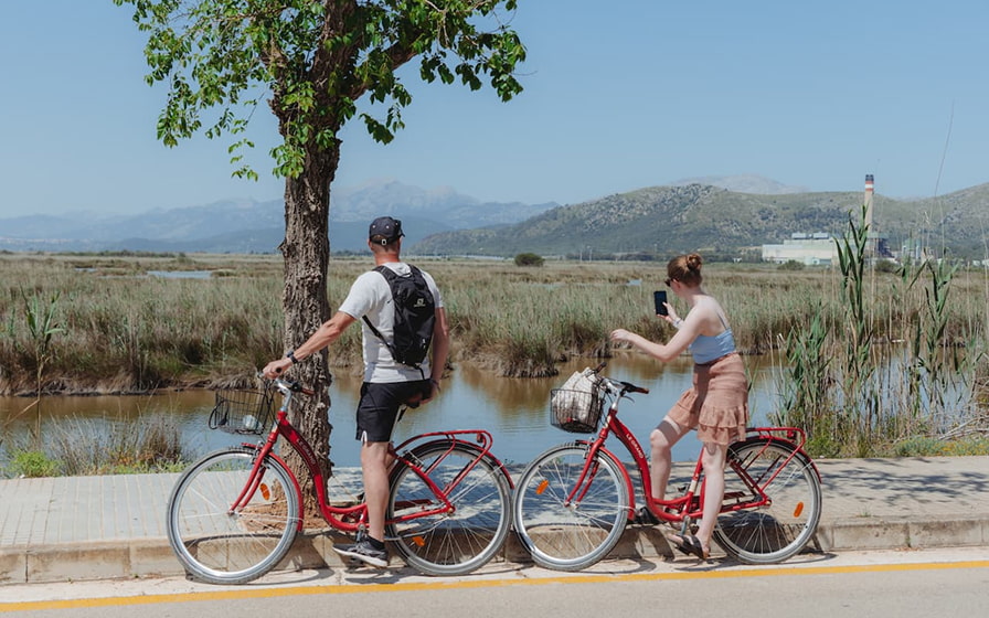 Ciclistas en bicicleta junto a la albufera de Mallorca